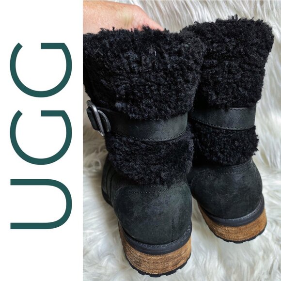 NWOB UGG BLAYRE II BLACK LEATHER SHORT BOOT SHEARLING GRUNGE GOTH PREPPY WOMEN 8 - Picture 6 of 13
